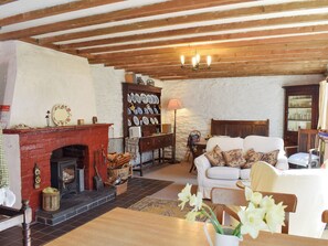 A cozy living room with a fireplace, a sofa, a wooden ceiling, and a bookshelf.