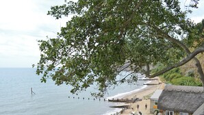 Un cadre idyllique au bord de la plage, avec une rangée de bateaux, un bâtiment à toit de chaume et une vue sur la mer.