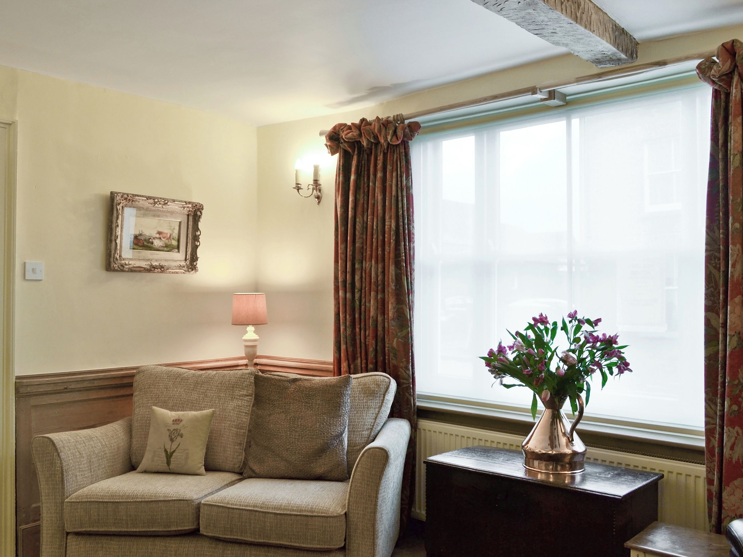 Wood beamed ceiling in living room | Friary Cottage, Ludlow