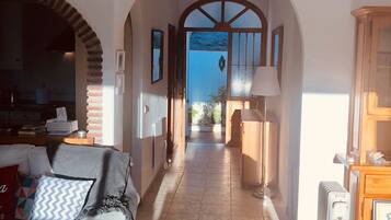 Smart TV, fireplace, books, music library