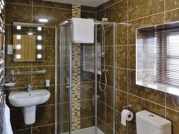 A bathroom with a glass-enclosed shower, a sink, a toilet, and a mirror with lights.