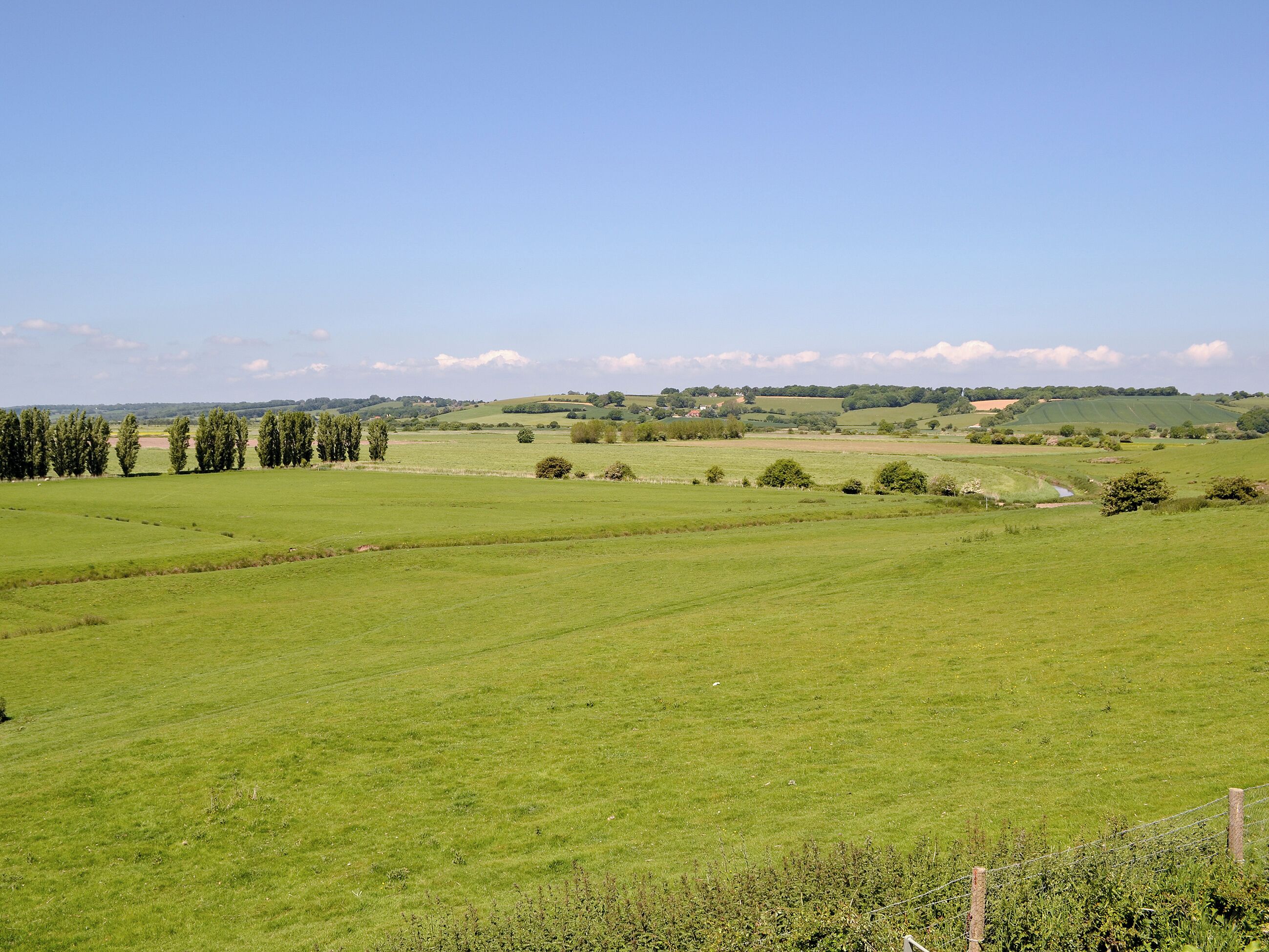 Ländliche Landschaft mit offenen Feldern, Bäumen und einer entfernten Hügelkette.