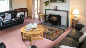 A living room with a fireplace, a sofa, a coffee table with tea set, and a rug. - 4 bedroom accommodation in Gatehouse of Fleet, Kirkcudbright (Gatehouse of Fleet, Kirkcudbright)