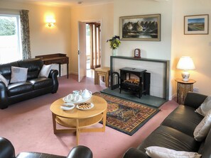 A living room with a fireplace, a sofa, a coffee table with tea set, and a rug. - 4 bedroom accommodation in Gatehouse of Fleet, Kirkcudbright (Gatehouse of Fleet, Kirkcudbright)