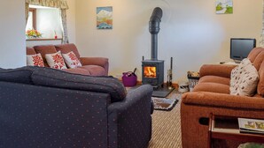 Una sala de estar acogedora con chimenea, sofás y televisor.