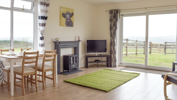 A living room with a fireplace, television, dining table, and chairs. - 1 bedroom accommodation in Hapton (Hapton)
