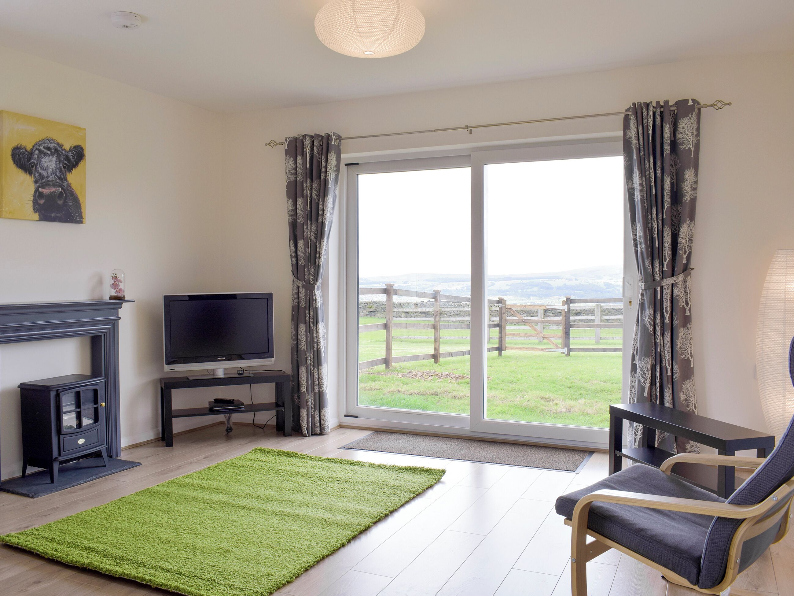 A living room with a fireplace, a television, a green rug, a chair, and a large window with curtains.