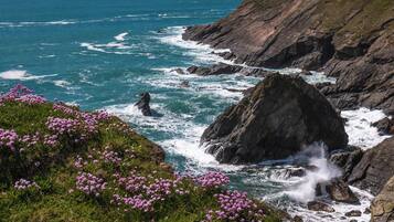A coastal landscape with rocky terrain and a body of water.