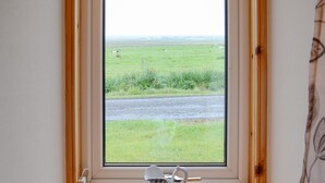 A window with a view of a green field and a road.