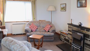 A living room with a sofa, a chair, a small table, a fireplace, and a radiator.