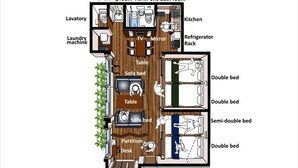 A 1st floor layout with a dressing room, all-in-one bathroom, kitchen, and various beds including double, semi-double, and sofa beds. - Nagomi House (Tokyo)