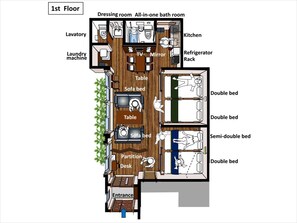 A 1st floor layout with a dressing room, all-in-one bathroom, kitchen, and various beds including double, semi-double, and sofa beds. - Nagomi House (Tokyo)