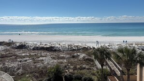 A beach with a clear sky, a sandy shore, and sparse vegetation.