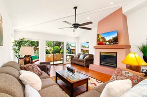 Smart TV, fireplace, books, stereo