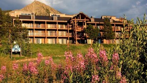 A multi-story lodge with balconies, surrounded by natural vegetation and a mountain in the background.