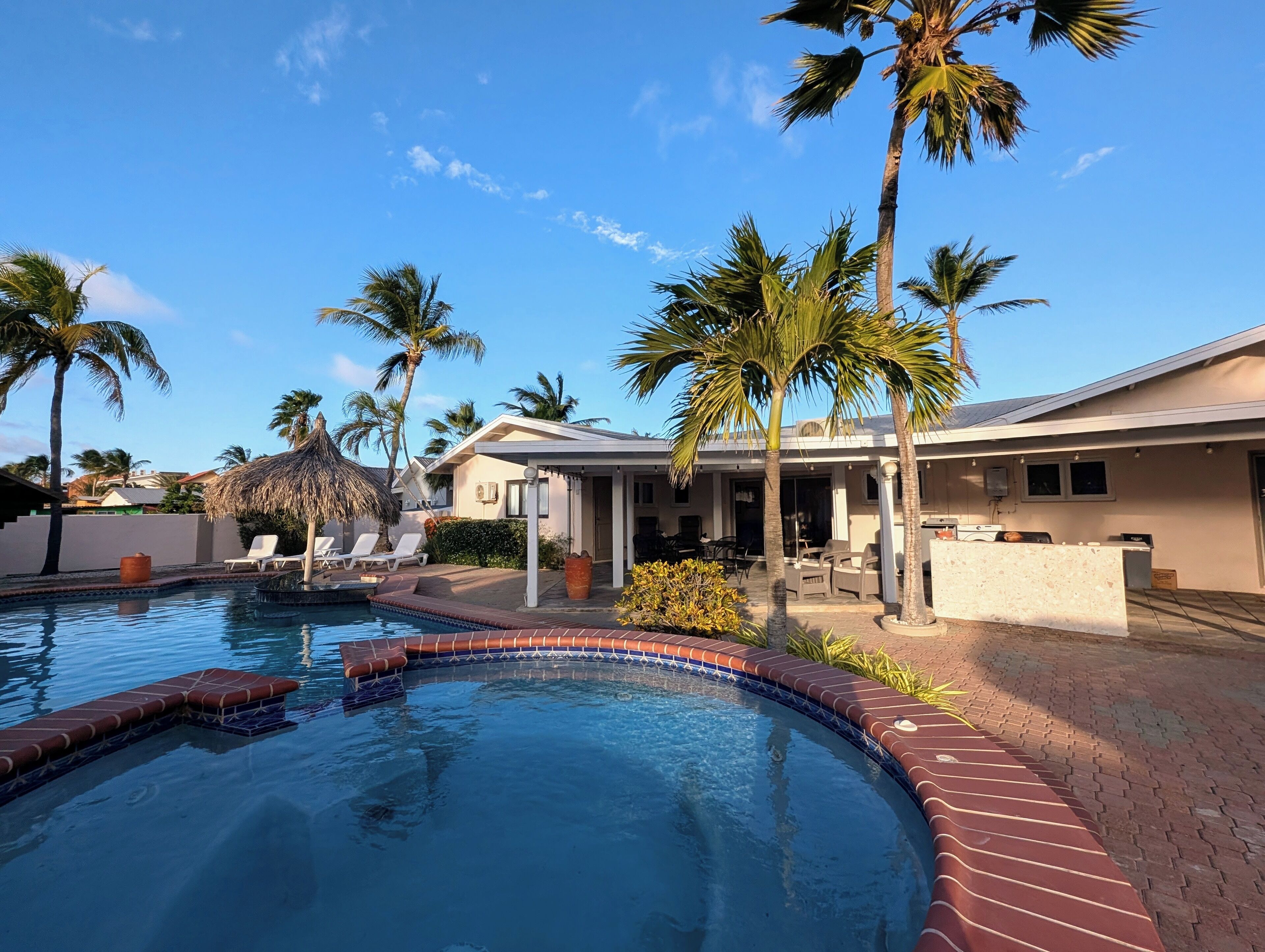 A swimming pool with a brick edge, lounge chairs, and palm trees.