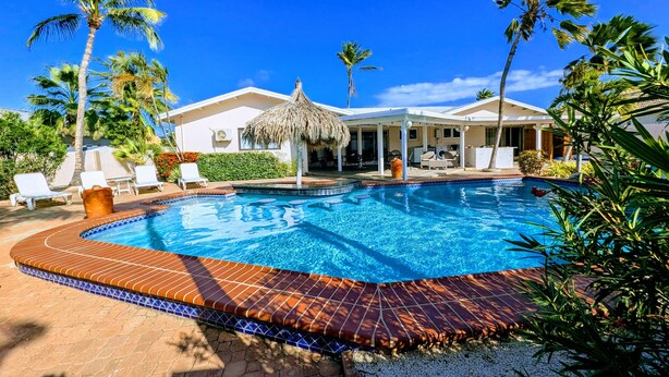 A swimming pool with a tiled edge, surrounded by lounge chairs and palm trees.