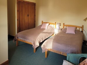 A room with two single beds, a wooden wardrobe, a nightstand with a lamp, and a green carpet.