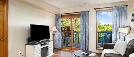 Fernseher, Kamin, DVD-Player, Videothek