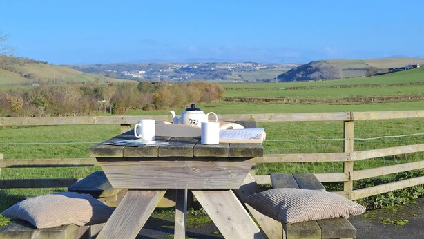 A wooden picnic table with a teapot, cups, and a booklet, set against a rural landscape with rolling hills and a clear sky.