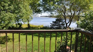 Une terrasse en bois donnant sur un lac, avec des arbres et des zones herbeuses.
