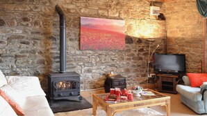 Un salon chaleureux avec un mur en pierre, un poêle à bois noir, une télévision et un coin salon confortable.