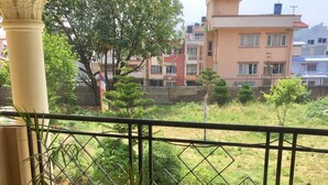 Un balcón con tres macetas, vista a una zona residencial y un edificio con balcones al fondo.