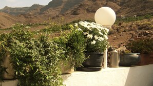 A potted plant with white flowers and a spherical object on a ledge, with a mountainous landscape in the background. - Relax as a couple on the large terrace, view of the mountains, Wi-Fi (Mogan)