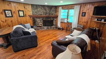 TV, fireplace, DVD player, books