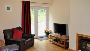 Ein Wohnzimmer mit einer Ledersofa, einem Fernseher auf einem Holzboden und einem Kamin.