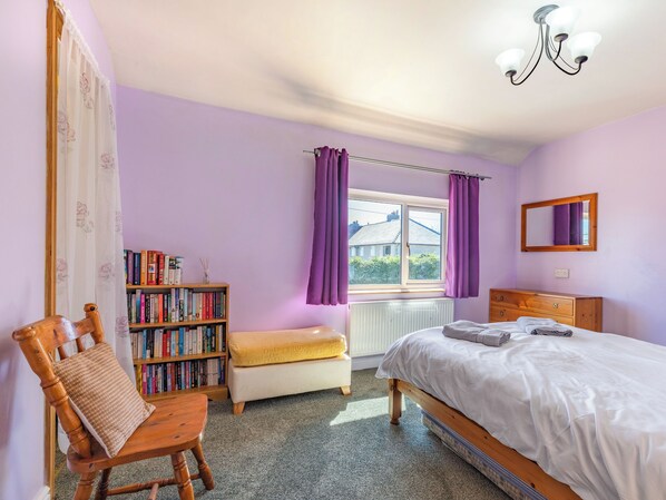 Une chambre à coucher avec un lit, une bibliothèque, une fenêtre avec des rideaux, un radiateur et un miroir.