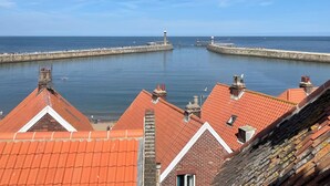 A coastal view with buildings and a sea wall.