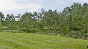 En gräsklädd äng med en damm och träd i bakgrunden.