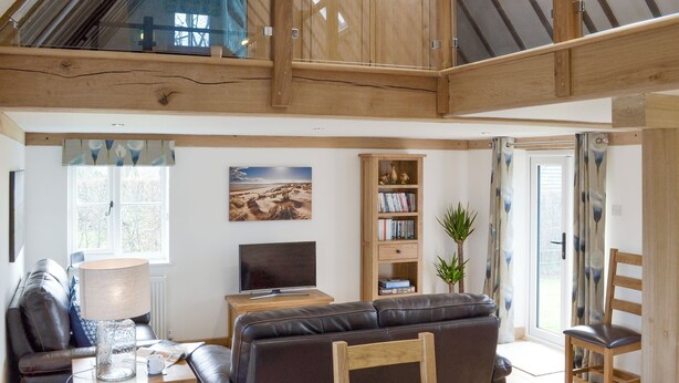 A cozy living room with a sofa, a TV, a bookshelf, and a window with a view. - 1 bedroom accommodation in Brede, near Rye (Brede, near Rye)
