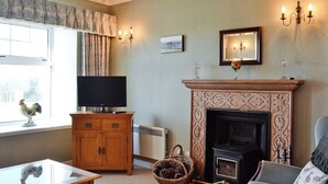 Una sala de estar con chimenea, televisor, ventana con cortinas y una lámpara fijada a la pared.