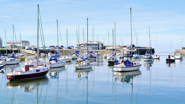 En lysthavn med forskellige både i havnen, en bygning i baggrunden og stille vand.