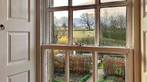 Una vista attraverso una finestra con stipite bianco, che mostra un giardino con alberi e un prato.
