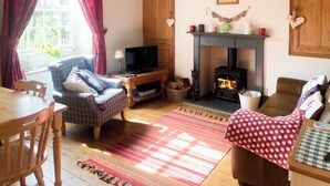 Una sala de estar acogedora con chimenea, televisión y asientos cómodos.