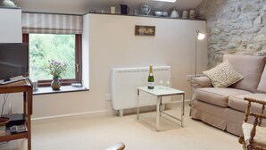 Una sala de estar acogedora con pared de piedra, un sofá, un televisor, una mesita con una botella y vasos, y una ventana con vistas a la vegetación.