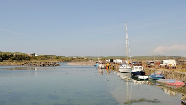 A marina with boats docked, calm water, and a clear sky.