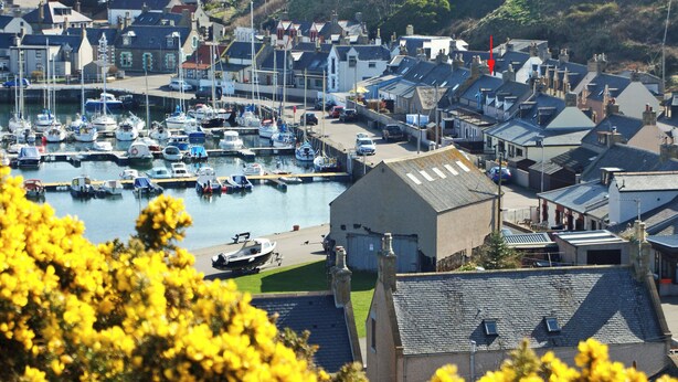 A coastal town with a marina filled with boats, surrounded by residential buildings.