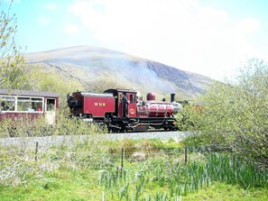 Un train rouge, portant l’inscription « WHR » sur le côté, traverse un paysage rural avec une montagne en arrière-plan.