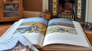Un livre ouvert, avec une image de paysage sur la page de gauche et du texte sur la page de droite, est posé sur une table en bois dans une pièce où l’on aperçoit une cheminée et un téléviseur au fond.