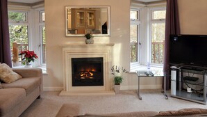 A living room with a fireplace, a sofa, a TV, and large windows.