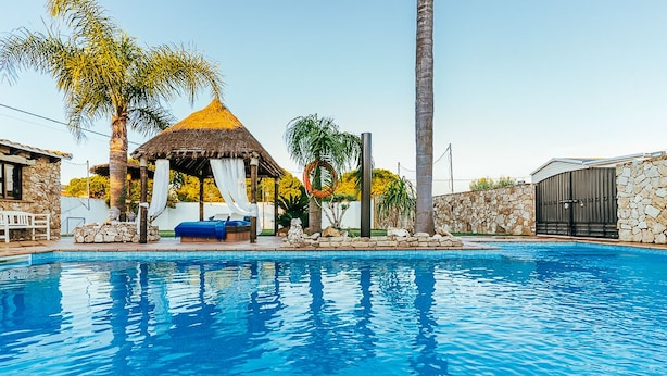 Une piscine agrémentée d’un gazebo à toit de chaume, de murs en pierre et de palmiers.