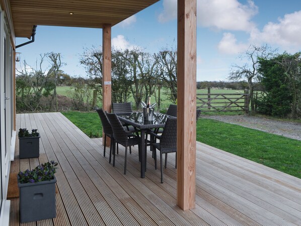 A covered outdoor seating area with a table and chairs, a grill, and a view of a grassy field and trees.