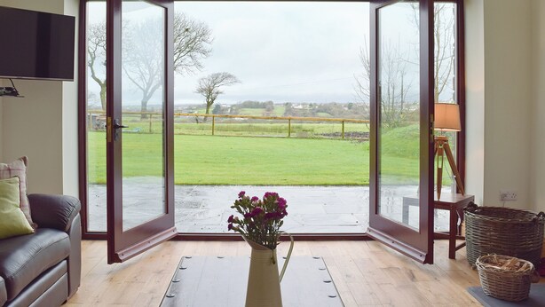A room with a large glass door leading to a view of a green field, a sofa, a vase with flowers, and a lamp.