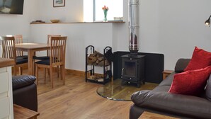 Een gezellige woonkamer met een open haard, houten meubels en een televisie.