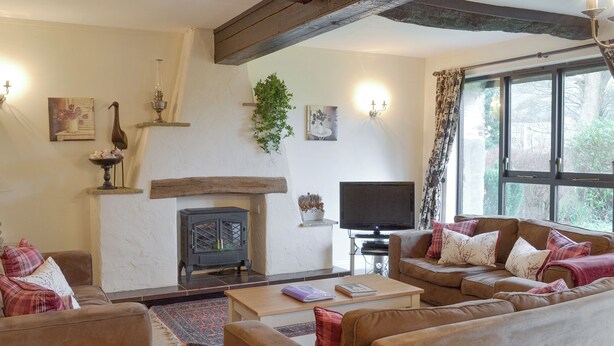 A cozy living room with a fireplace, a television, and comfortable seating. - 4 bedroom accommodation in East Allington, near Totnes (East Allington, near Totnes)