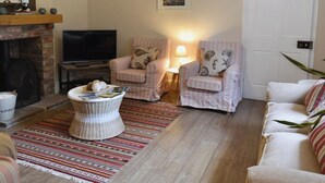 A living room with a fireplace, a television, two striped armchairs, a coffee table, and a patterned rug.